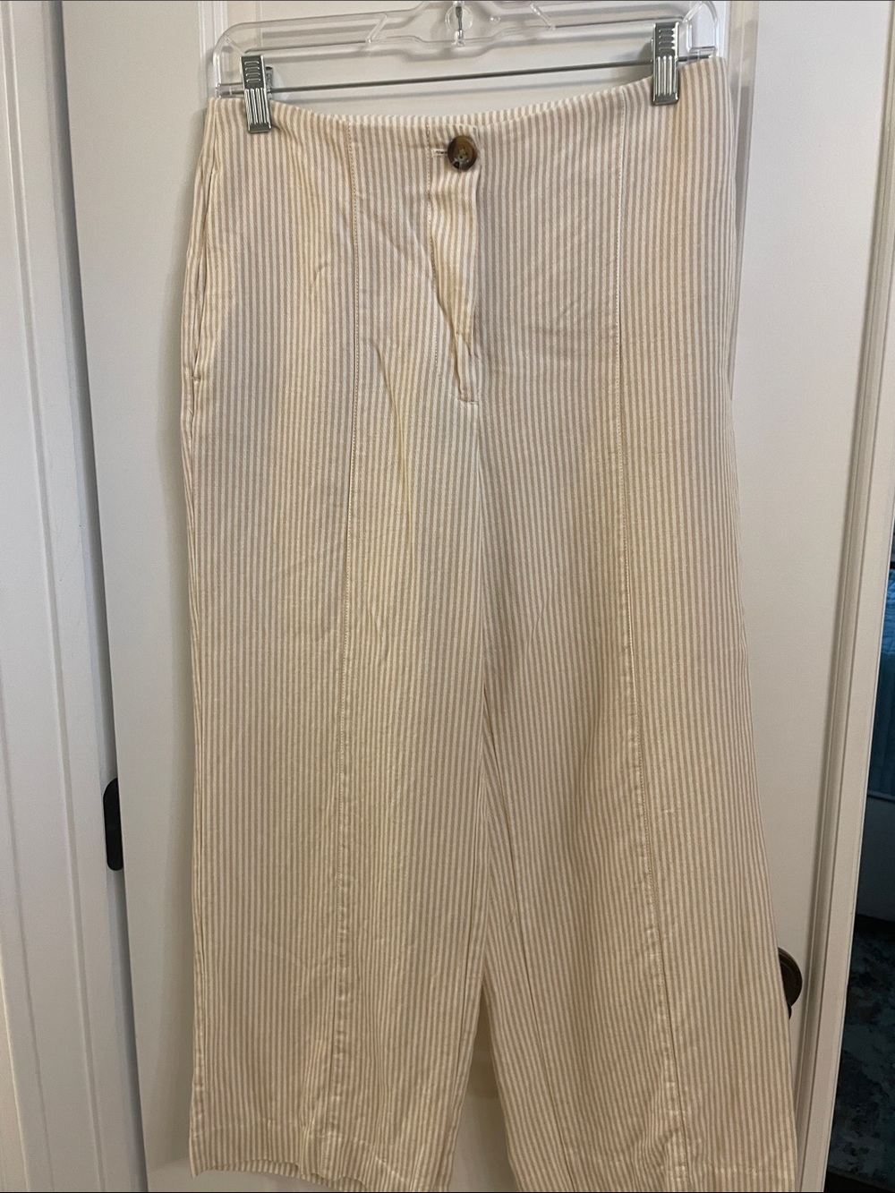 Ann Taylor Linen Cream and White Striped Cropped Wide-Leg Pants
